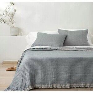 SET King Reversible Textured Chambray Coverlet & Shams Dark Teal Blue - Casaluna